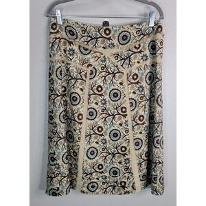 Club Monaco 100% Silk Floral Midi Skirt‎ Size 6 Beige Brown Blue Print Back Zip